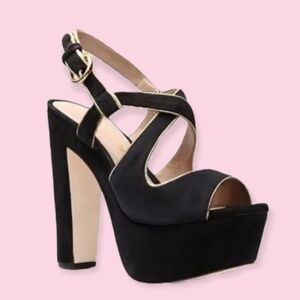 Black & Metallic Gold Velvet Suede Retro Platform Strappy Block Heels Size 6
